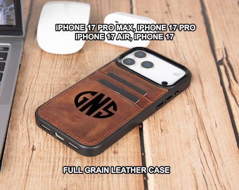 May include: A brown full-grain leather phone case with a black border, featuring the initials "GNS". The case has slots for cards and is designed for iPhone 17 Pro Max, 17 Pro, 17 Air, and 17 models. The text "FULL GRAIN LEATHER CASE" is visible.