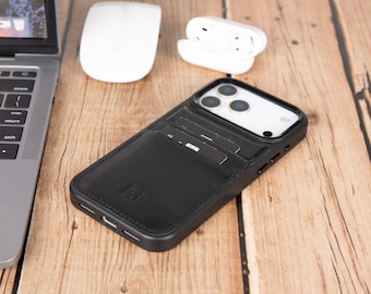 May include: A black leather smartphone case featuring a built-in card holder slot on the back, containing two black credit cards. The case has a raised camera cutout, precise side button openings, and a small embossed logo on the lower section.