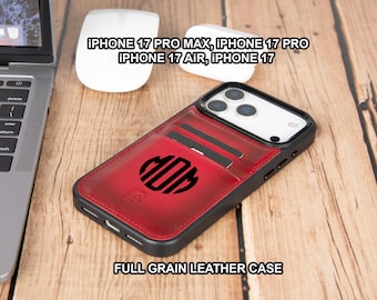 May include: A red full-grain leather iPhone case with a black border, featuring a monogram and card slots. The case is designed for iPhone 17 Pro Max, 17 Pro, 17 Air, and 17 models. The text "FULL GRAIN LEATHER CASE" is visible.