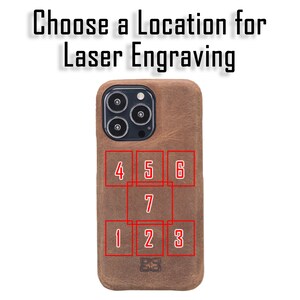 May include: Brown leather phone case with a grid of numbers 1 through 7 for laser engraving customization.