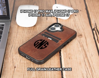 May include: A brown leather phone case with a black border, featuring a monogram and card slots. The case is shown on a wooden surface, with text that reads "IPHONE 17 PRO MAX, IPHONE 17 PRO, IPHONE 17 AIR, IPHONE 17" and "FULL GRAIN LEATHER CASE".