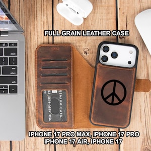 May include: A brown full-grain leather phone case with a peace sign, designed for iPhone 17 Pro Max, 17 Pro, 17 Air, and 17 models. The case features card slots and the text "FULL GRAIN LEATHER CASE".