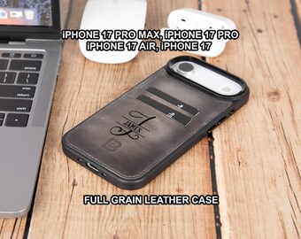 May include: A gray leather iPhone case with card slots, personalized with the name "JAMES". The case is designed for iPhone 17 Pro Max, 17 Pro, 17 Air, and 17 models. The text "FULL GRAIN LEATHER CASE" is also visible.