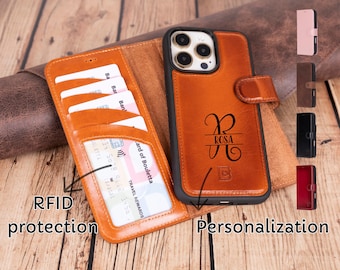 Personalized iPhone 16 Series Wallet Case, Custom Full Grain Leather Phone Case for iPhone 16 Pro Max, Plus and Pro, Premium iPhone Case