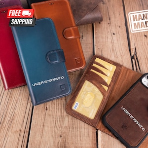 Cartera de cuero para iPhone 15, iPhone 15+, iPhone 15 Pro, iPhone 15 Pro Max con cierre magnético desmontable, hecha a mano, con protección RFID y ranuras para tarjetas.