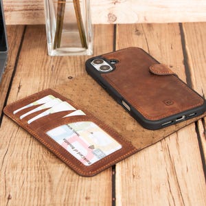 iPhone 16 Hülle, Lederhülle für iPhone 16 Pro Max mit Magsafe, personalisierte iPhone Kartenhülle, magnetische abnehmbare Brieftasche