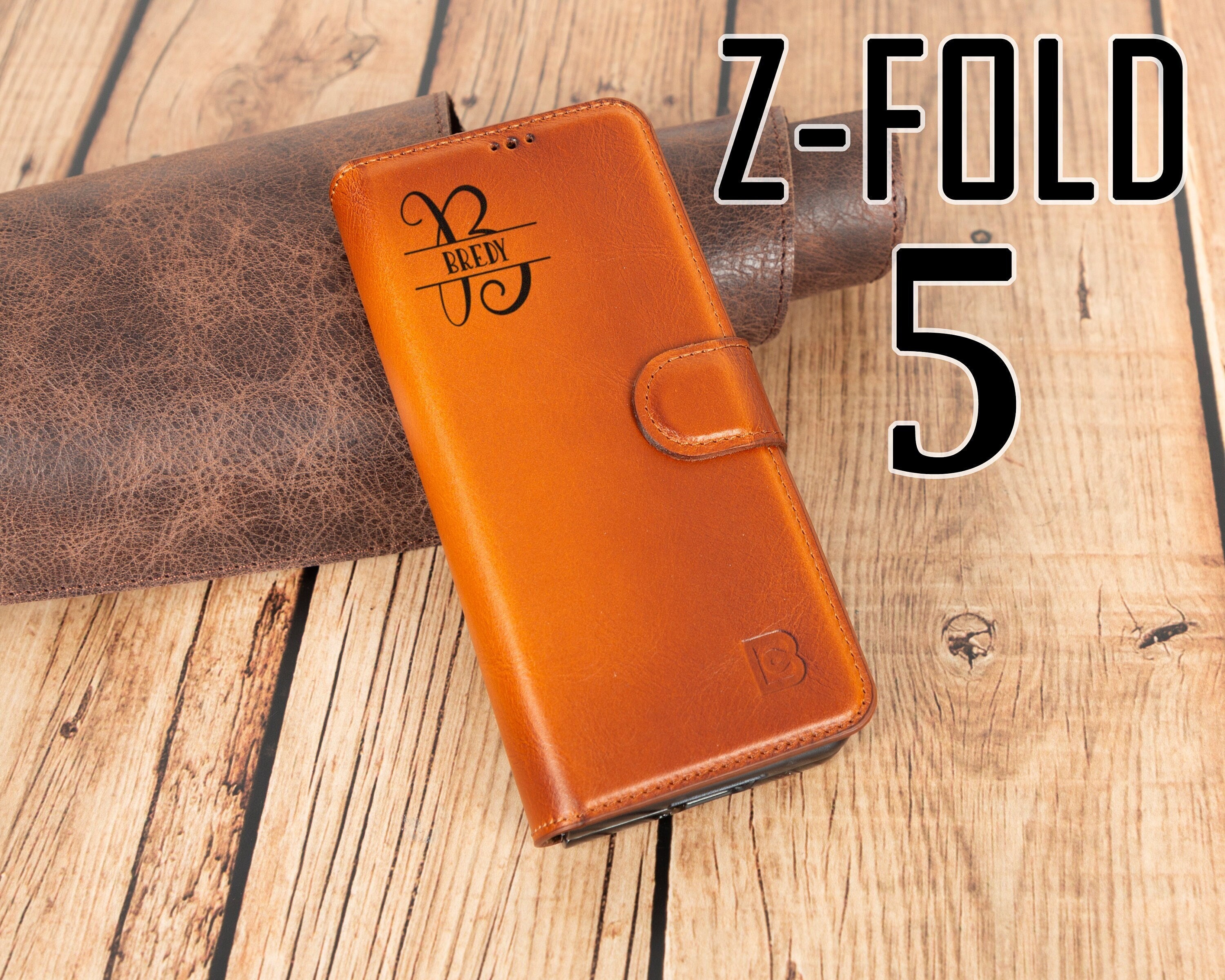 Personalized Top Grain Leather Wallet Case for Samsung Z Fold 5, Custom Z Fold 5 Case with Credit Card Holder & RFID