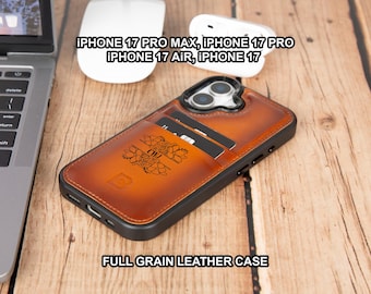 May include: A brown full-grain leather phone case with a black border. The case has slots for cards and features the text "CWJ" with floral designs. The case is designed for iPhone 17 Pro Max, iPhone 17 Pro, iPhone 17 Air, and iPhone 17 models.