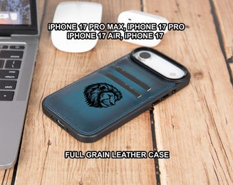 May include: A blue leather iPhone case with a lion's head design. The case has slots for cards and the text "FULL GRAIN LEATHER CASE". The text "IPHONE 17 PRO MAX, IPHONE 17 PRO, IPHONE 17 AIR, IPHONE 17" is also visible.