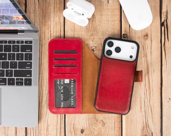 May include: A red leather wallet-style phone case with a black frame, featuring three horizontal card slots and one clear ID window on the left interior panel. The exterior back of the case is red leather, and the phone is secured in a black frame.