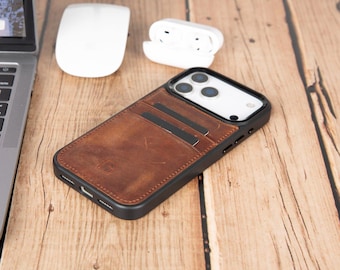 May include: A black smartphone case with a brown leather back panel featuring two integrated card slots. The case has a raised camera cutout and a small embossed logo on the lower portion of the leather section, providing a functional wallet design.