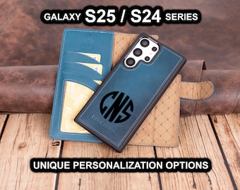 May include: A blue leather phone case with a monogrammed initial "C" in a circle. The case is designed for the Galaxy S25/S24 series and has a built-in wallet with card slots.