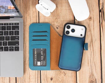 May include: A teal blue wallet-style phone case with a magnetic closure, featuring multiple interior card slots and a clear window pocket. The exterior is a matching teal blue, and the interior lining is a contrasting tan brown material.
