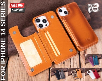 Handgemaakte leren iPhone 14-hoes met kaarthouder