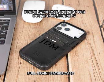 May include: Black full-grain leather iPhone 17 Pro Max, 17 Pro, 17 Air, and 17 case with card slots. The case has the initials "JDM" and a logo. The text "FULL GRAIN LEATHER CASE" is also visible.
