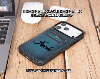 May include: A full-grain leather phone case with a teal blue finish, featuring the name "Jack" in script. The case is designed for iPhone 17 Pro Max, 17 Pro, 17 Air, and 17 models. A laptop and accessories are in the background.