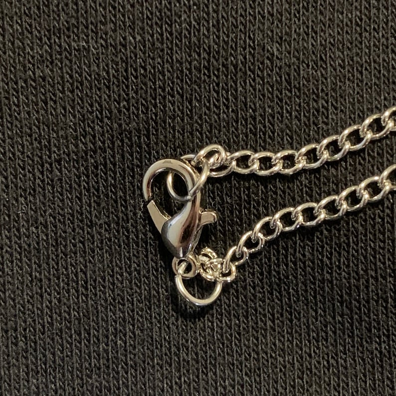 Puede incluir: Primer plano de una cadena de plata con un cierre de langosta.