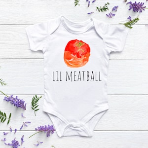 presente de chá de bebê, presente italiano para bebê, macacão italiano®, macacão®, almôndega pequena, macacão fofo para bebê®, macacão foodie®, macacão engraçado para bebê®