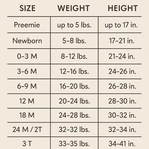 The image is a size chart that provides measurements for different age groups, including preemie, newborn, toddler, 4-year-old, and 5-year-old children.