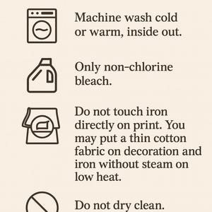 care instructions for washing clothes, including machine washing instructions, non-chlorine bleach usage, and ironing guidelines.