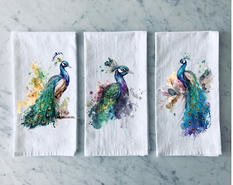 Peacock Tea Towel | Hand Towel | Peacock Feathers | Flour Sack Towel | Bird Lover Gift | Fingertip Towel | Wild Bird Kitchen Towels