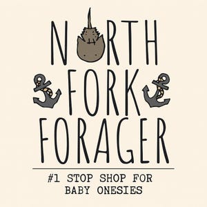 a logo for a company called "North Fork Forager". The logo features a cat sitting on top of an anchor, with the text "North Fork Forager" written below. The company's slogan, "Stop Shop For Baby Onesies", is also included in the image.