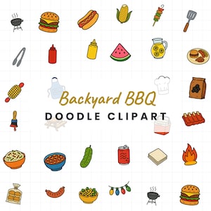 Backyard BBQ Doodle Clipart, PNG Bundle, Transparent Background, Commercial Use