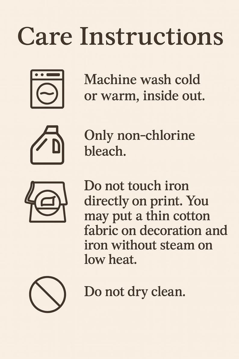 care instructions for washing clothes, including machine washing instructions, non-chlorine bleach usage, and ironing guidelines.