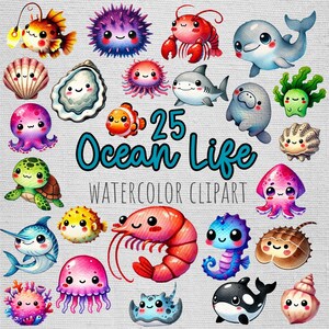 Ocean Sea Clipart, Watercolor Clipart, Bundle, Sublimation, Png, Digital Download, Doodle Clipart, Cute Funny Graphics Transparent, Kawaii