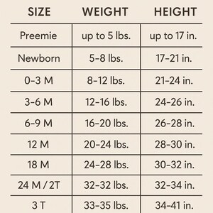 The image is a size chart that provides measurements for different age groups, including preemie, newborn, toddler, 4-year-old, and 5-year-old children.