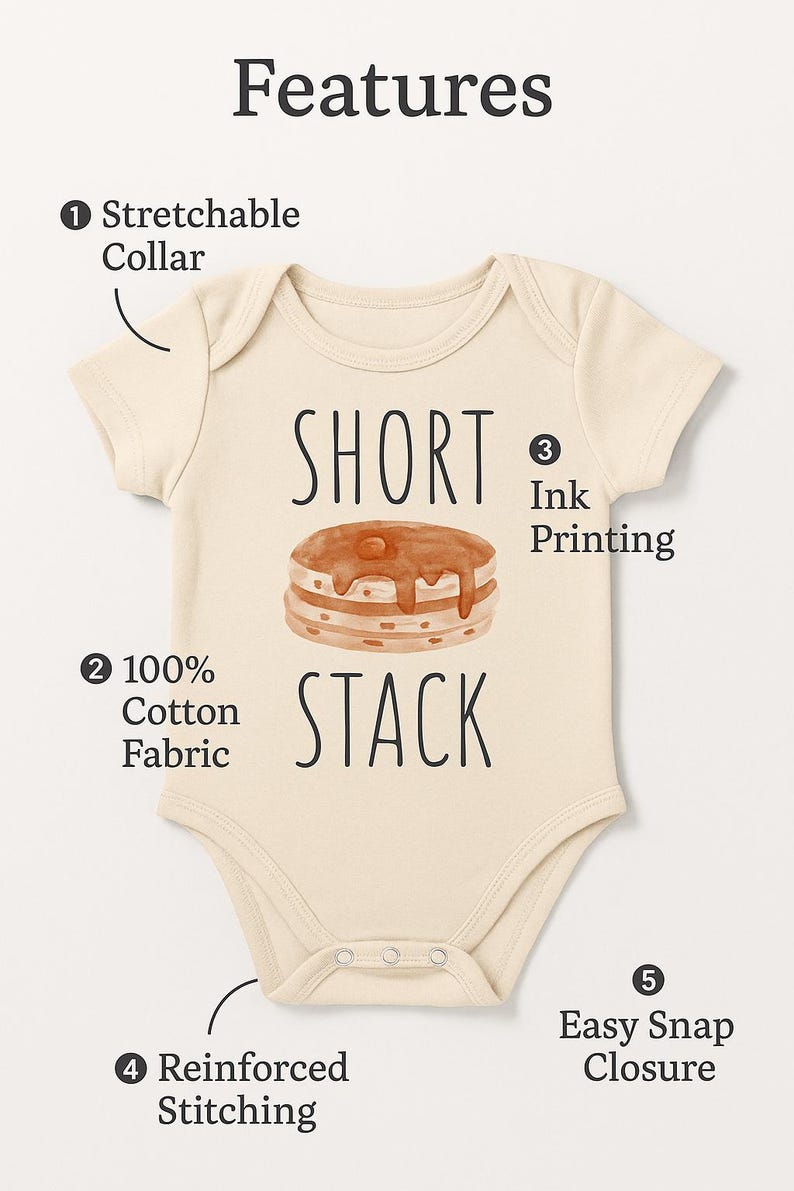 a baby onesie with a short neckline and a stretchable collar. The short stack fabric is 100% cotton, and the short stack is easy to snap closure. The short stack also has reinforced stitching for durability.