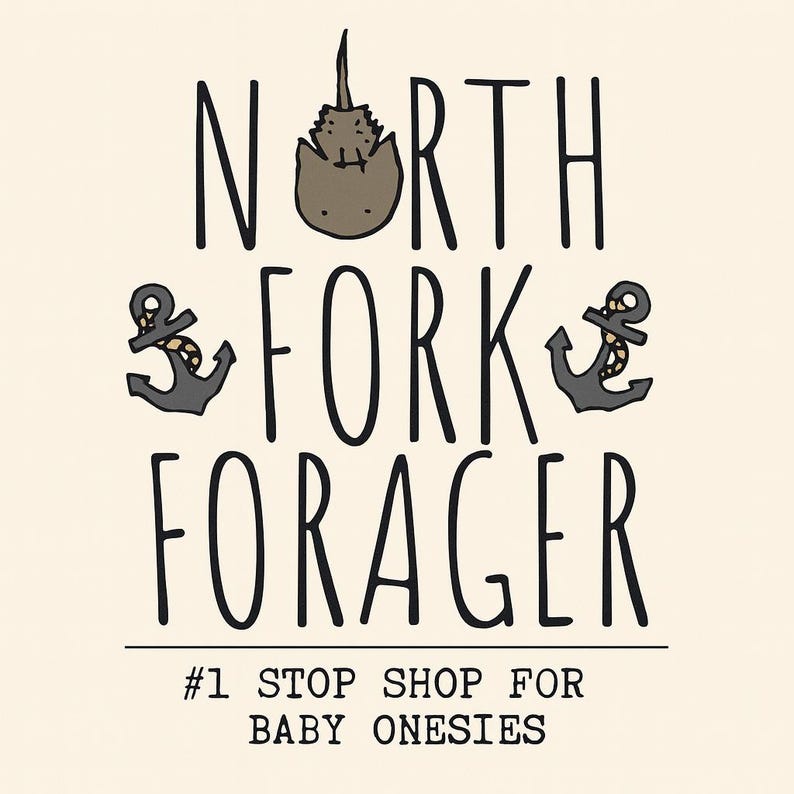 a logo for a company called "North Fork Forager". The logo features a cat sitting on top of an anchor, with the text "North Fork Forager" written below. The company's slogan, "Stop Shop For Baby Onesies", is also included in the image.