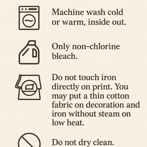 care instructions for washing clothes, including machine washing instructions, non-chlorine bleach usage, and ironing guidelines.