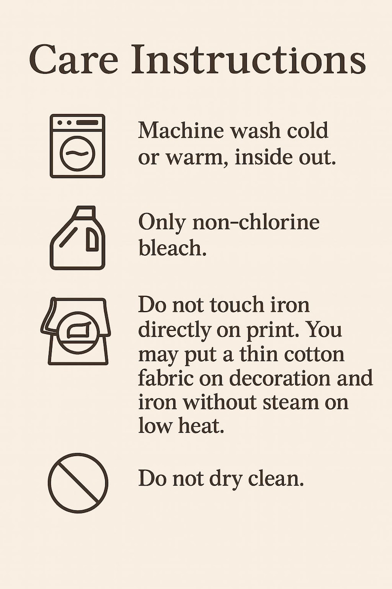 care instructions for washing clothes, including machine washing instructions, non-chlorine bleach usage, and ironing guidelines.