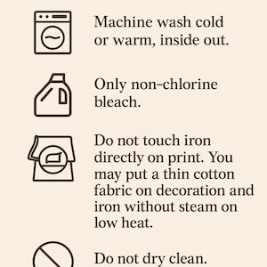 care instructions for washing clothes, including machine washing instructions, non-chlorine bleach usage, and ironing guidelines.