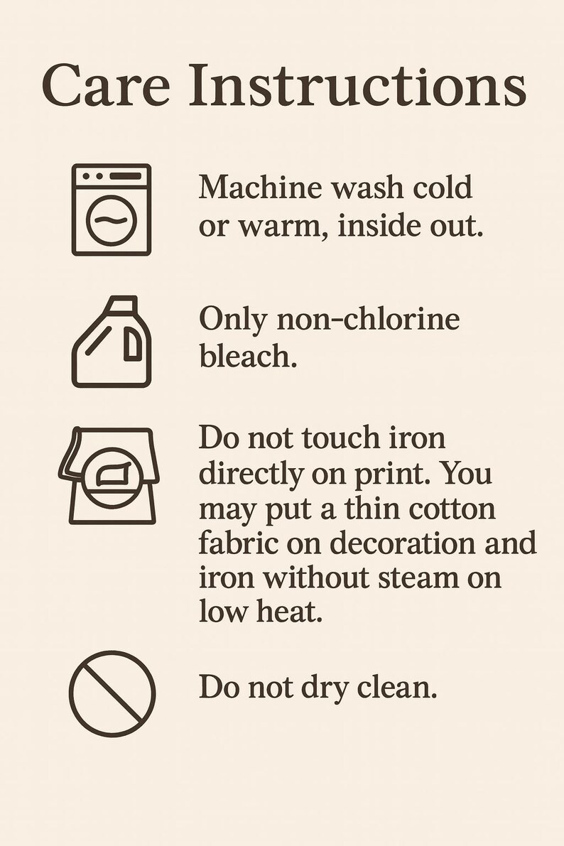 care instructions for washing clothes, including machine washing instructions, non-chlorine bleach usage, and ironing guidelines.