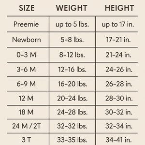 The image is a size chart that provides measurements for different age groups, including preemie, newborn, toddler, 4-year-old, and 5-year-old children.