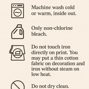 care instructions for washing clothes, including machine washing instructions, non-chlorine bleach usage, and ironing guidelines.