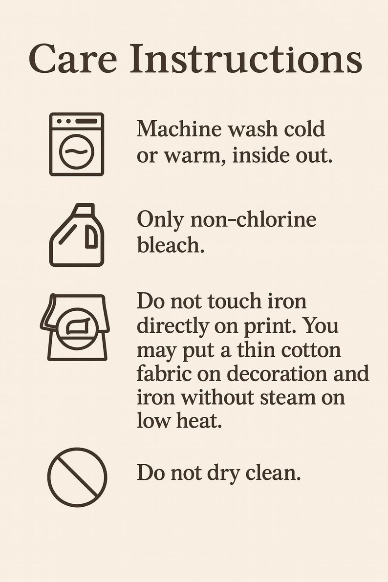 care instructions for washing clothes, including machine washing instructions, non-chlorine bleach usage, and ironing guidelines.
