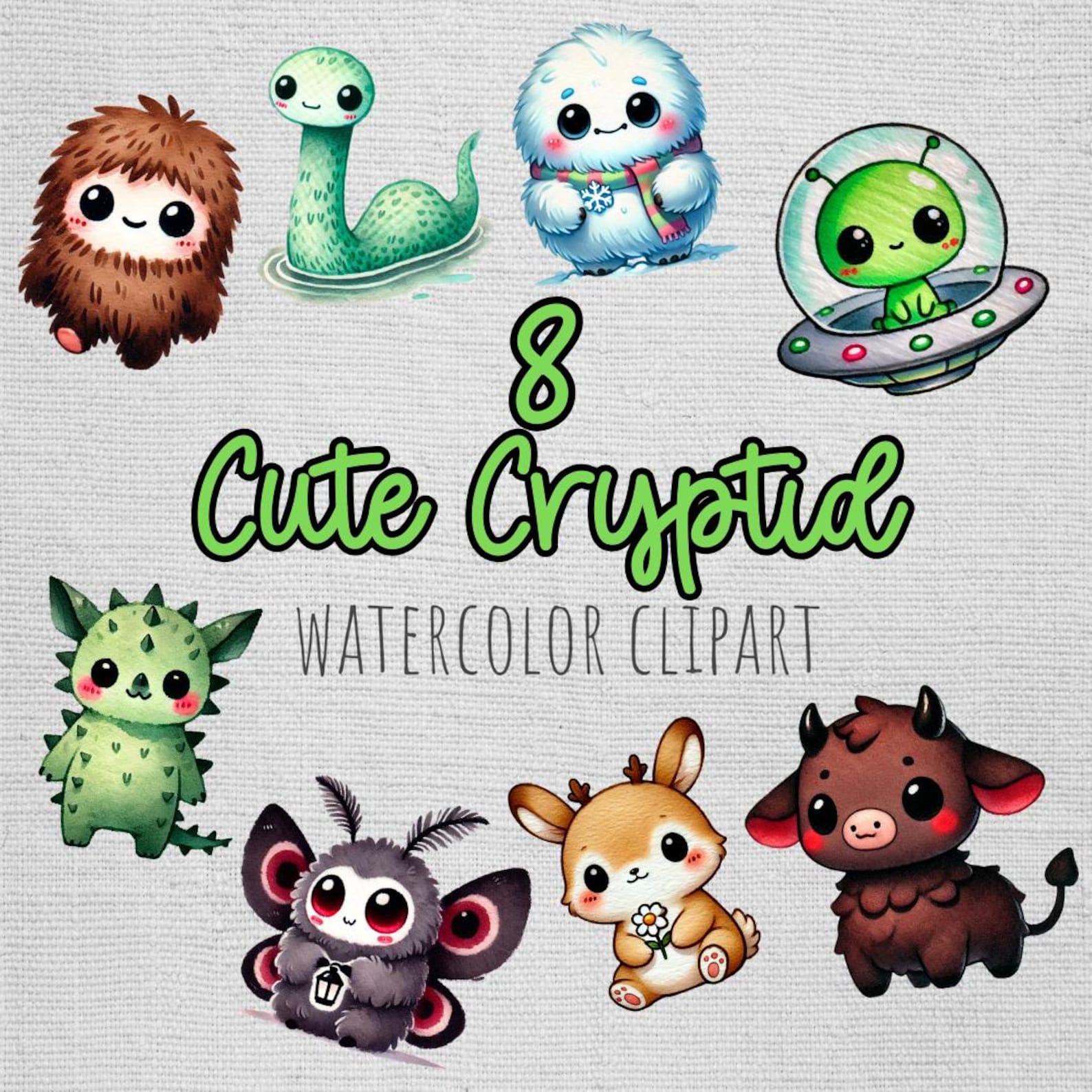 Cute Rake Cryptid Cute Cryptid Watercolor Clipart Bundle - Big Foot, Alien, Mothman ...