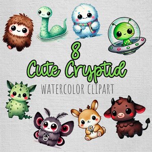 Cute Cryptid Watercolor Clipart Bundle - Big Foot, Alien, Mothman, Sublimation, Png, Doodle Clipart, Cute, Kawaii, Hand Drawn
