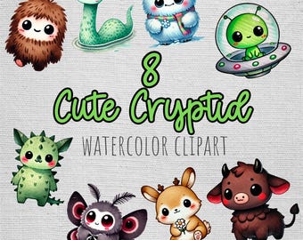 Leuke cryptid aquarel clipart bundel - Big Foot, Alien, Mothman, sublimatie, png, doodle clipart, schattig, kawaii, handgetekende