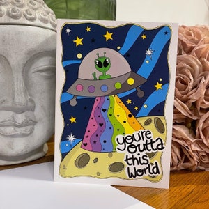 carte extraterrestre, carte mignonne, carte colorée, carte anniversaire, carte d’occasion spéciale, carte pour femme, carte pour lui, carte pour elle