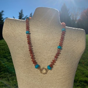 Delicious and Joyful Sunstone and Turquoise Beaded Gemstone Necklace - knotted gemstone beaded necklace - rainbow gemstone jewelry