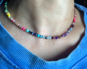 Adjustable rainbow necklace - beaded rainbow necklace - gemstone necklace - rainbow choker