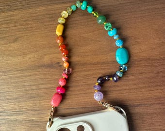 Gemstone Rainbow Beaded Phone Charm – Natural Stone Cell Phone Chain