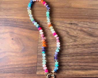 Rainbow Gemstone Beaded Necklace: Gold Filled Clasp, Hand Knotted Silk