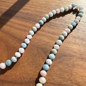 Aquamarine and morganite beaded candy necklace - knotted bead gemstone necklace - pastel beaded gemstone jewelry