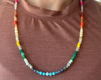 Symmetrical Rainbow Gemstone Beaded Necklace - gemstone rainbow jewelry - beaded rainbow necklace