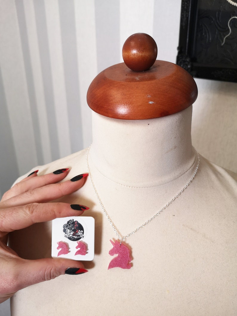 Pink Unicorn Set Jewellery Gift Necklace Earrings Matching Alternative Quirky Unusual Cute Unique Burlesque Fantasy Cosplay